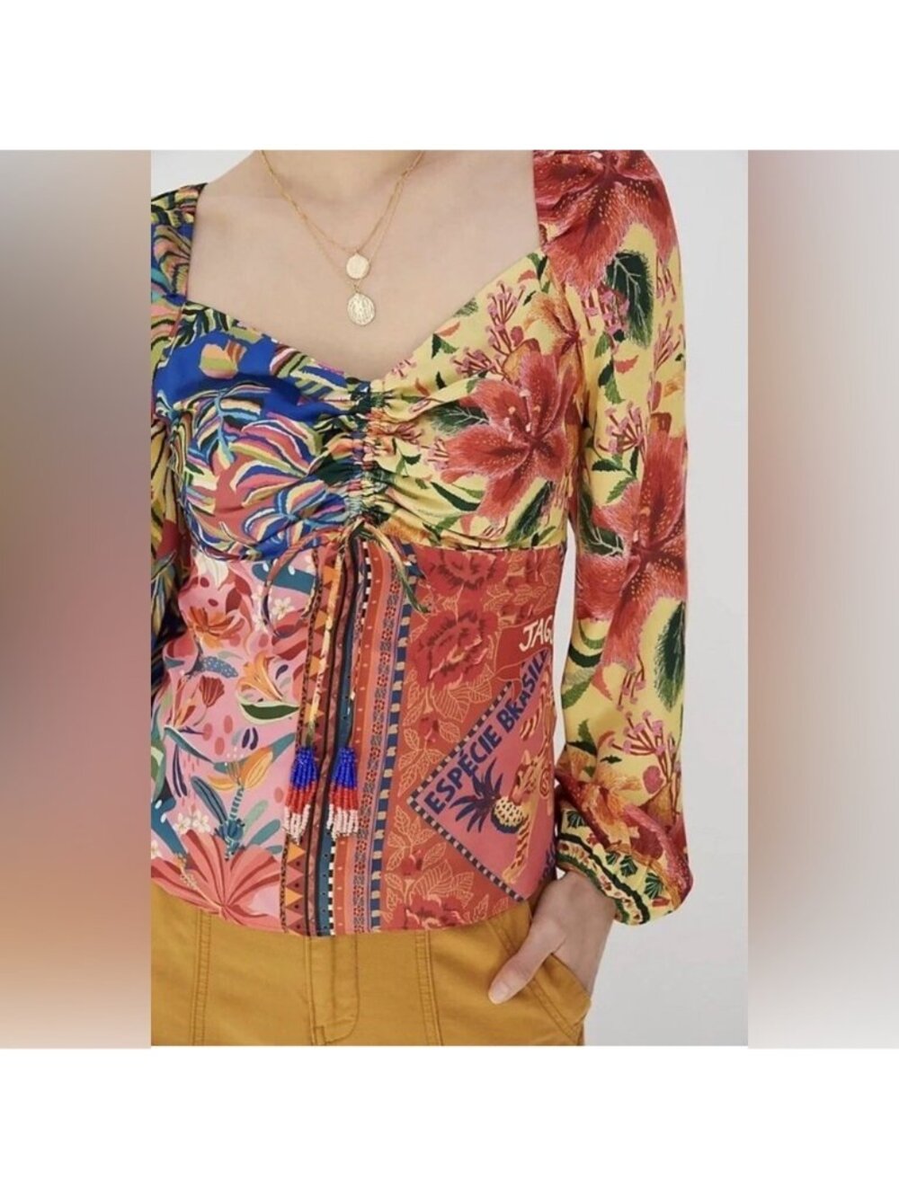 Farm Rio For Anthropologie Floral Patchwork Long Sleeve Blouse S Boho Tropical - Picture 3 of 6